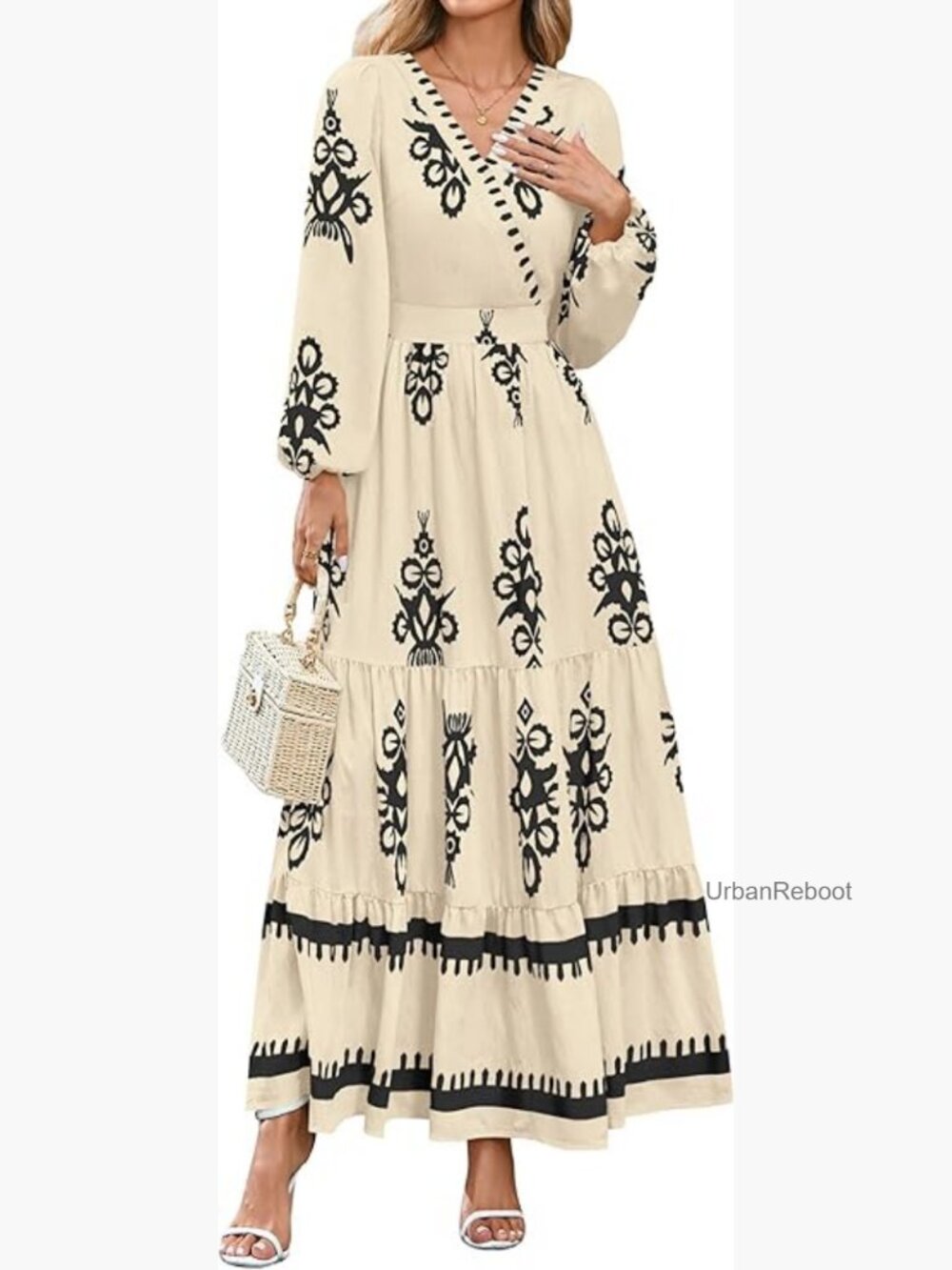 Boho Floral Maxi Dress with Pockets V-Neck Long Sleeve A-Line